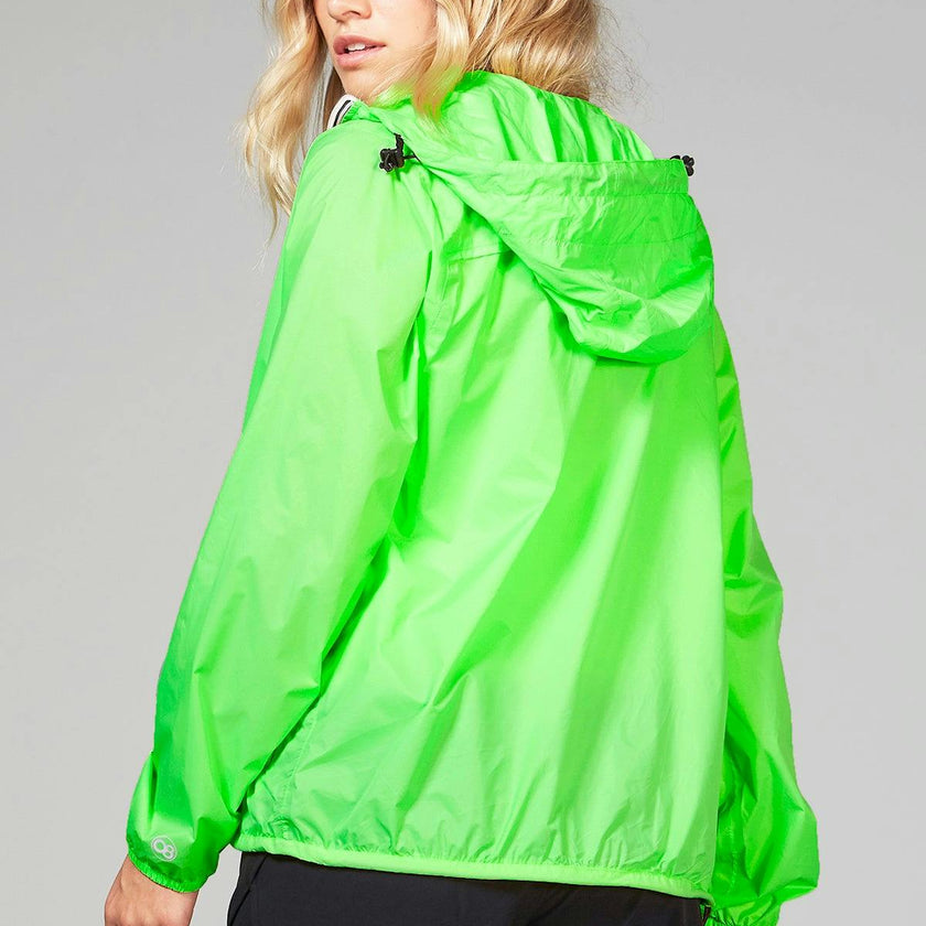Green fluo full zip packable rain jacket and windbreaker