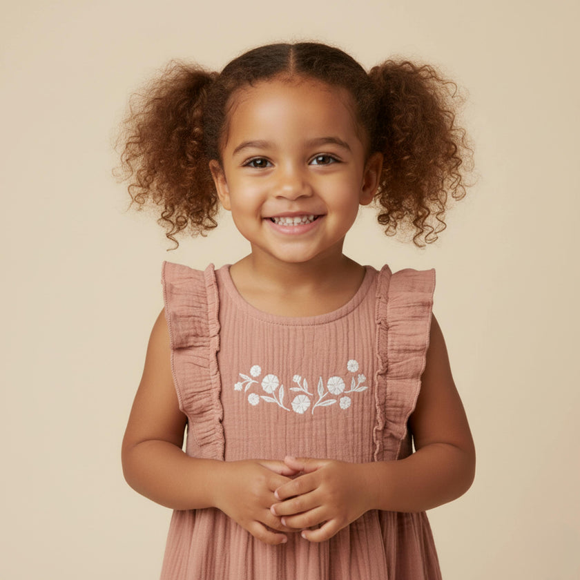 Organic Embroidered Tiered Dress - Clay
