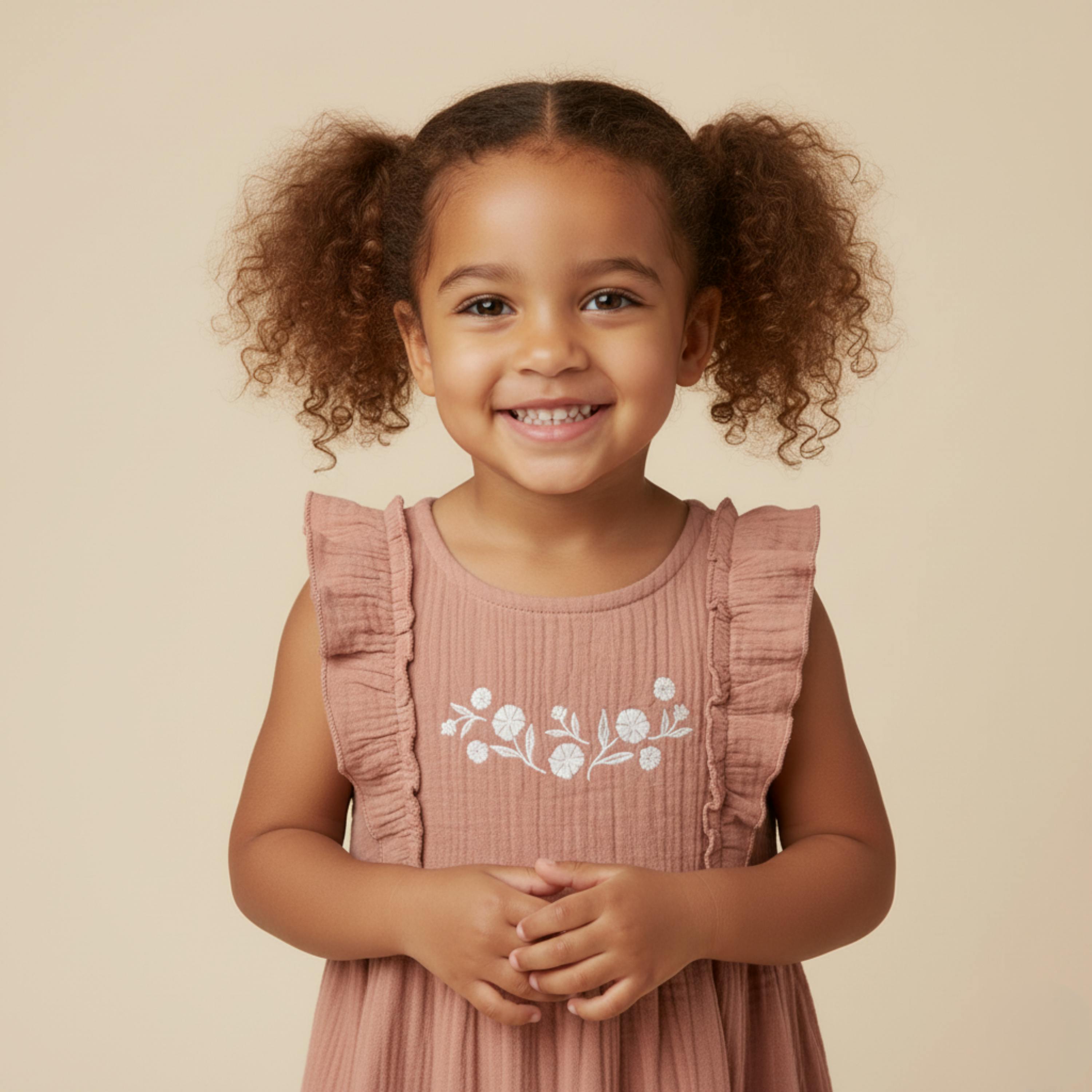 Organic Embroidered Tiered Dress - Clay