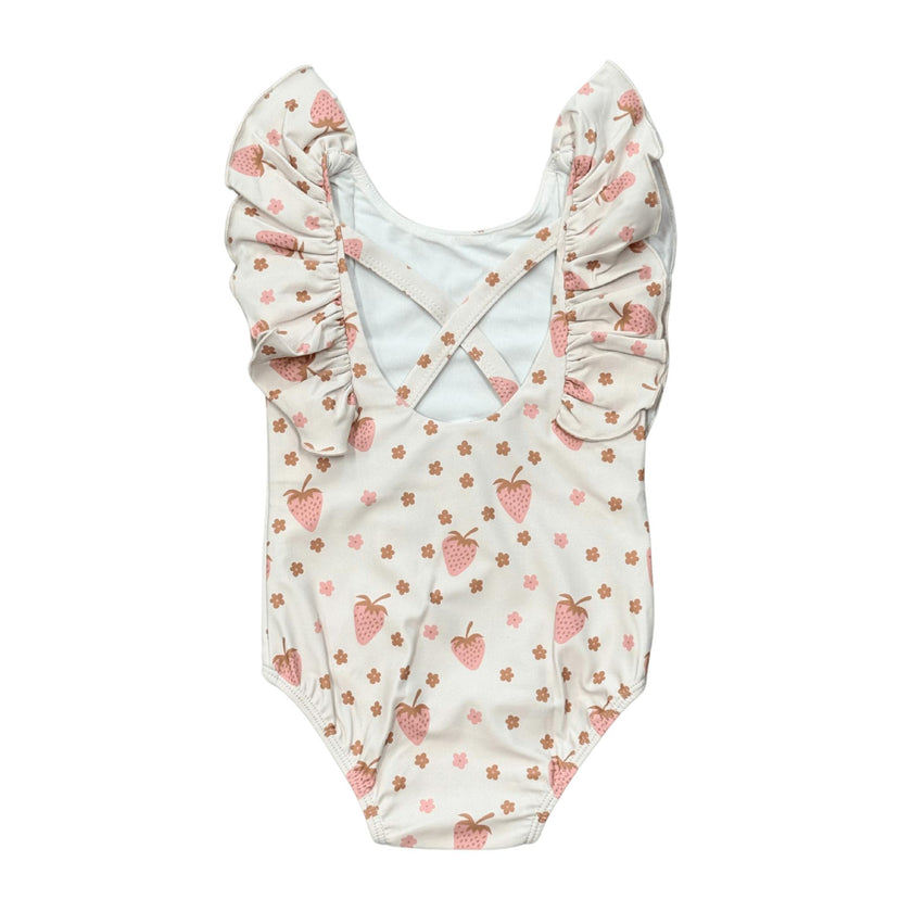Girl's Ruffle Sleeve Cross Back Swimsuit