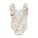 Girl's Ruffle Sleeve Cross Back Swimsuit