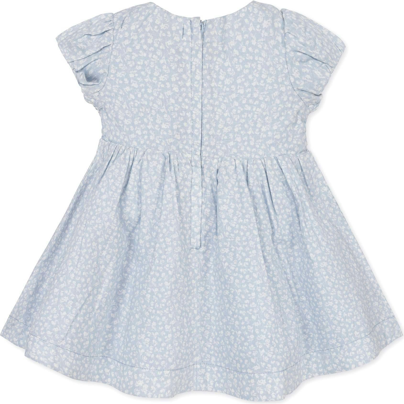 Linen Smocked Puff Sleeve Dress, Blue