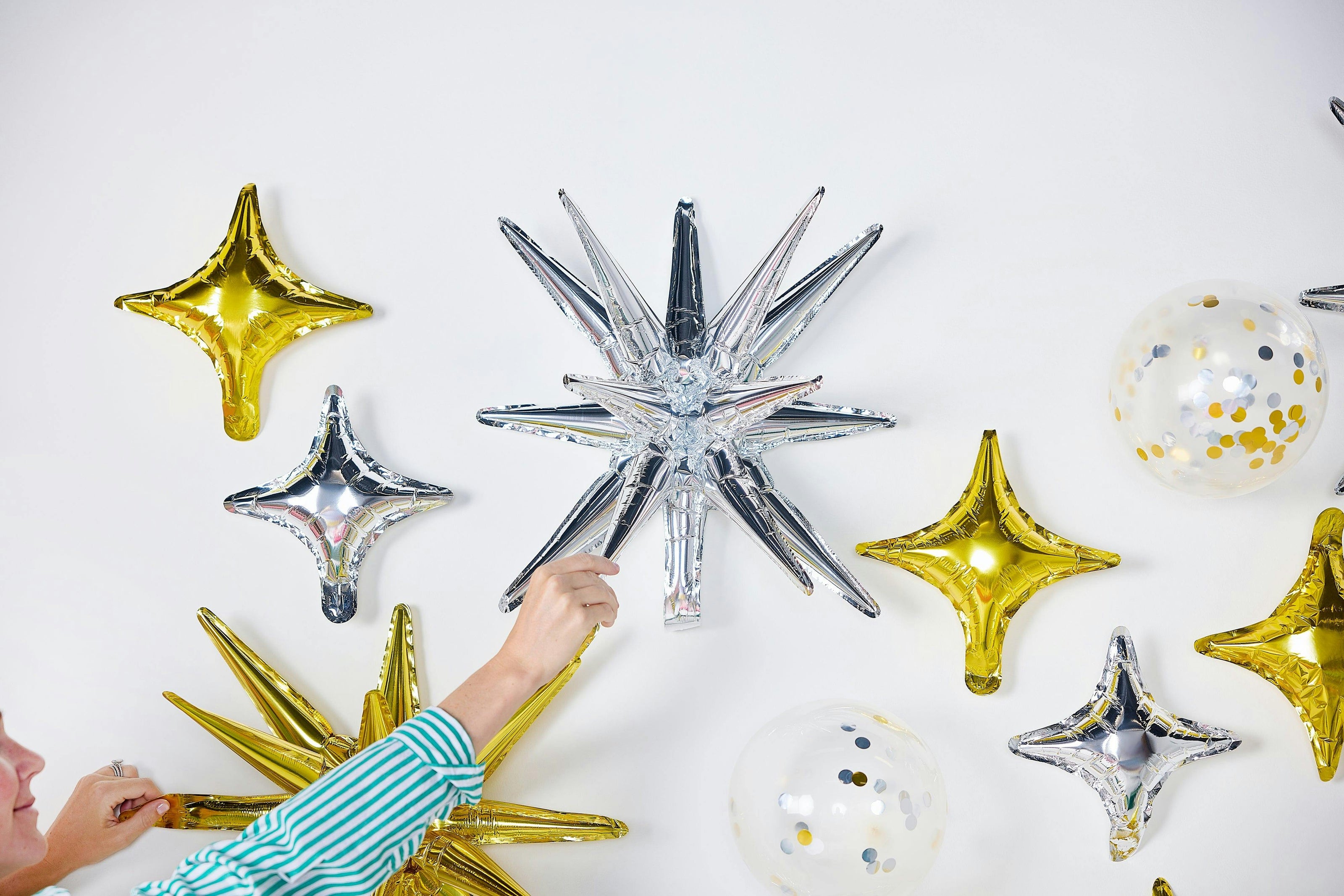 Packed Party Sparkle and Shine Gold Silver Confetti Mylar Balloon Set 21ct - Spark-Shaped and Confetti-Filled Balloons with Glue Dots and Strings Included