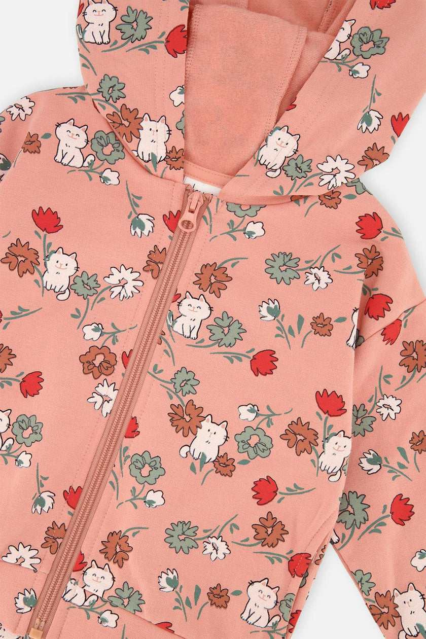 French Terry Hooded Cardigan Pink Cat Print