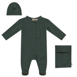 Knitted Front Opening Long Sleeve Romper, Hat, and Pouch Three Piece Set