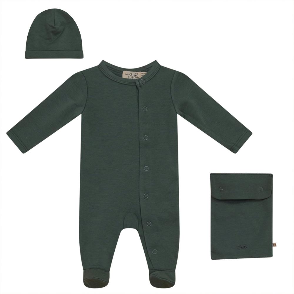 Knitted Front Opening Long Sleeve Romper, Hat, and Pouch Three Piece Set