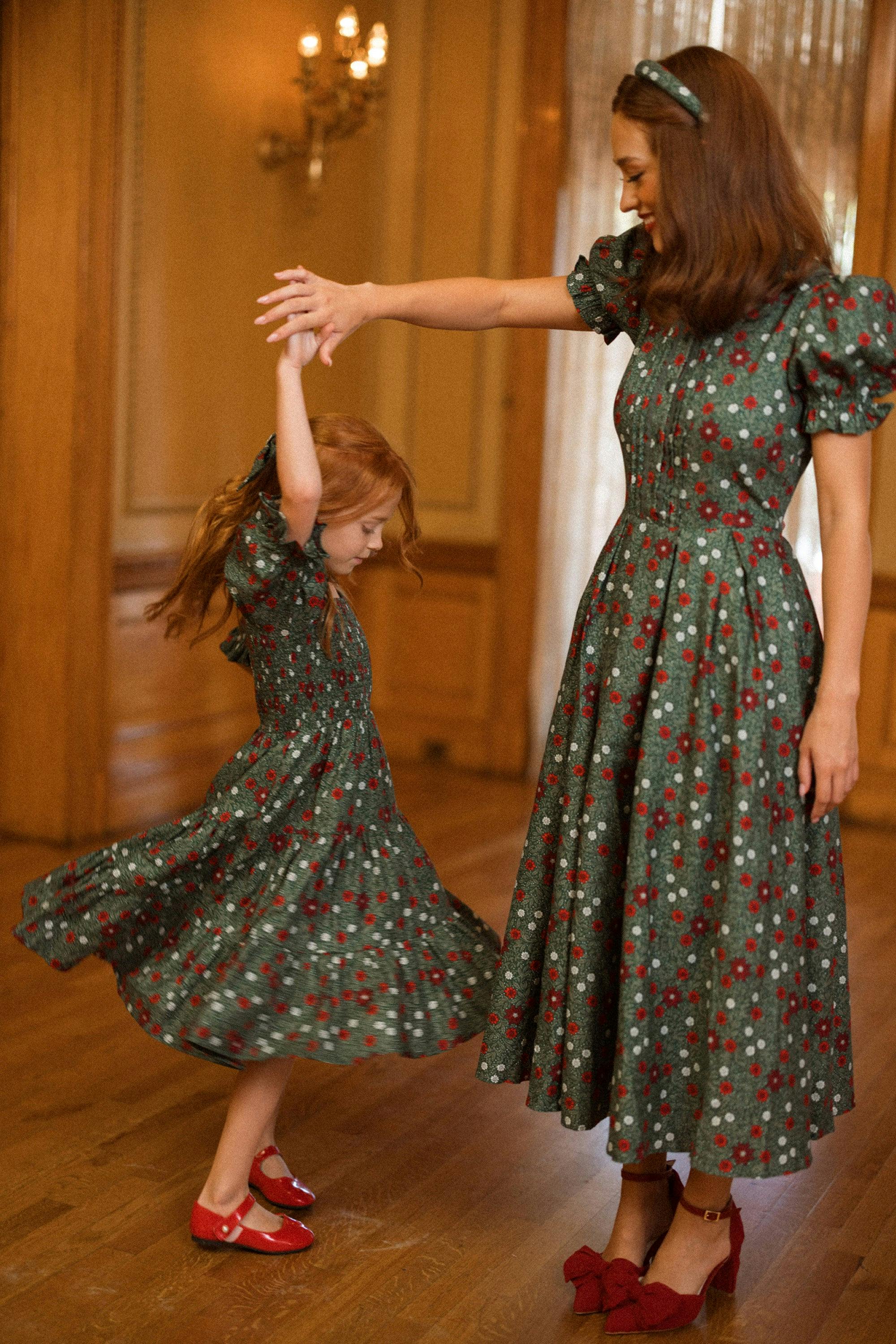 Mini Madeline Maxi Dress in Evergreen Merry Ditsy