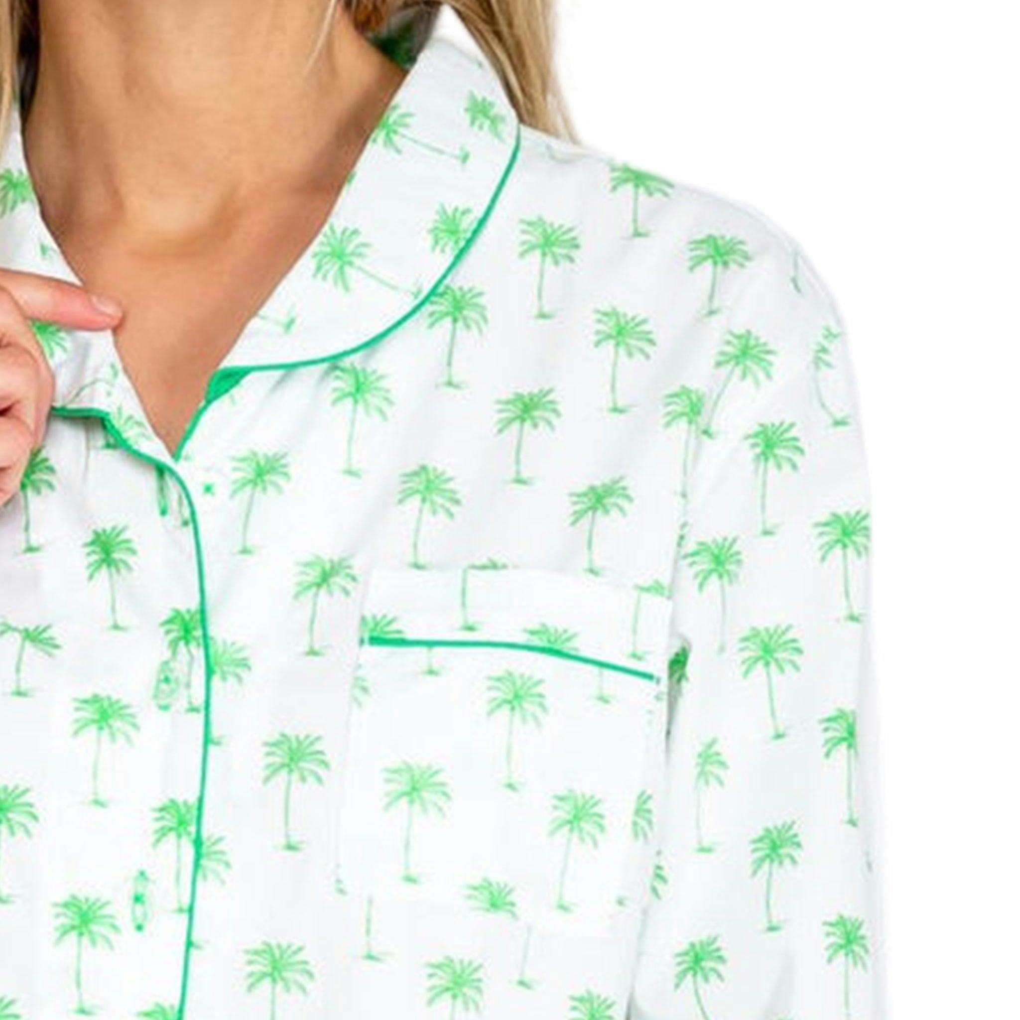 Women's Green Palm Tree Long PJ Set - Organic Cotton Poplin