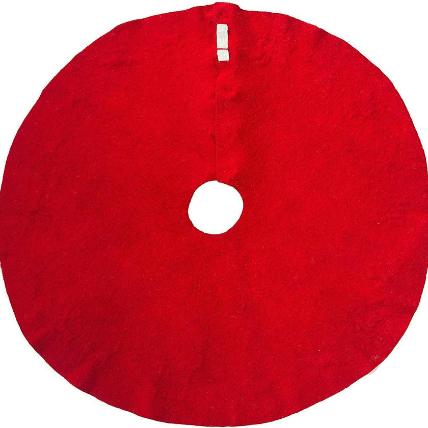 Cream Reindeer Red Christmas Tree Skirt Hand Felted Wool - 60"/72" Arcadia Home