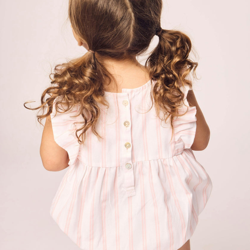 Baby's Twill Stripe Ruffled Romper in Pink and White Stripe