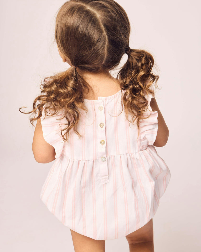 Baby's Twill Stripe Ruffled Romper in Pink and White Stripe