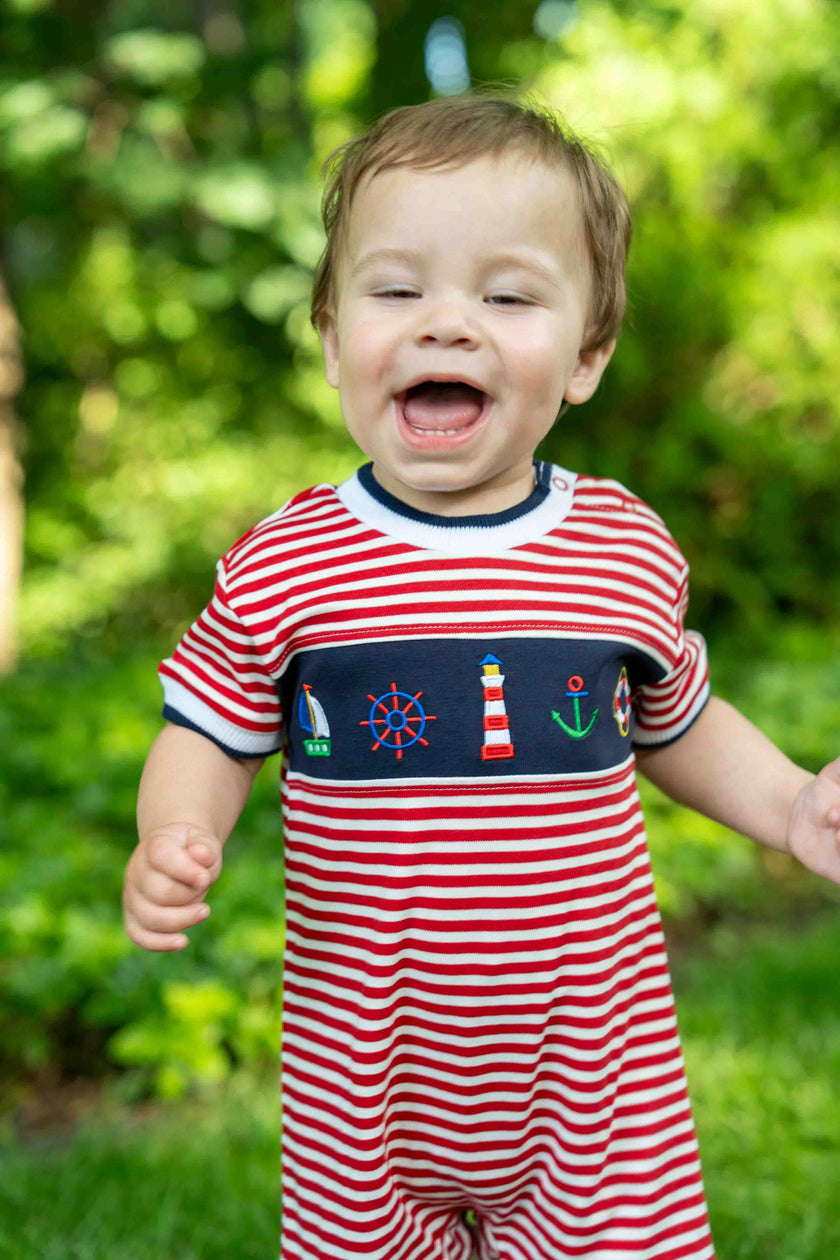 Stripe Knit Shortall With Nautical Applique