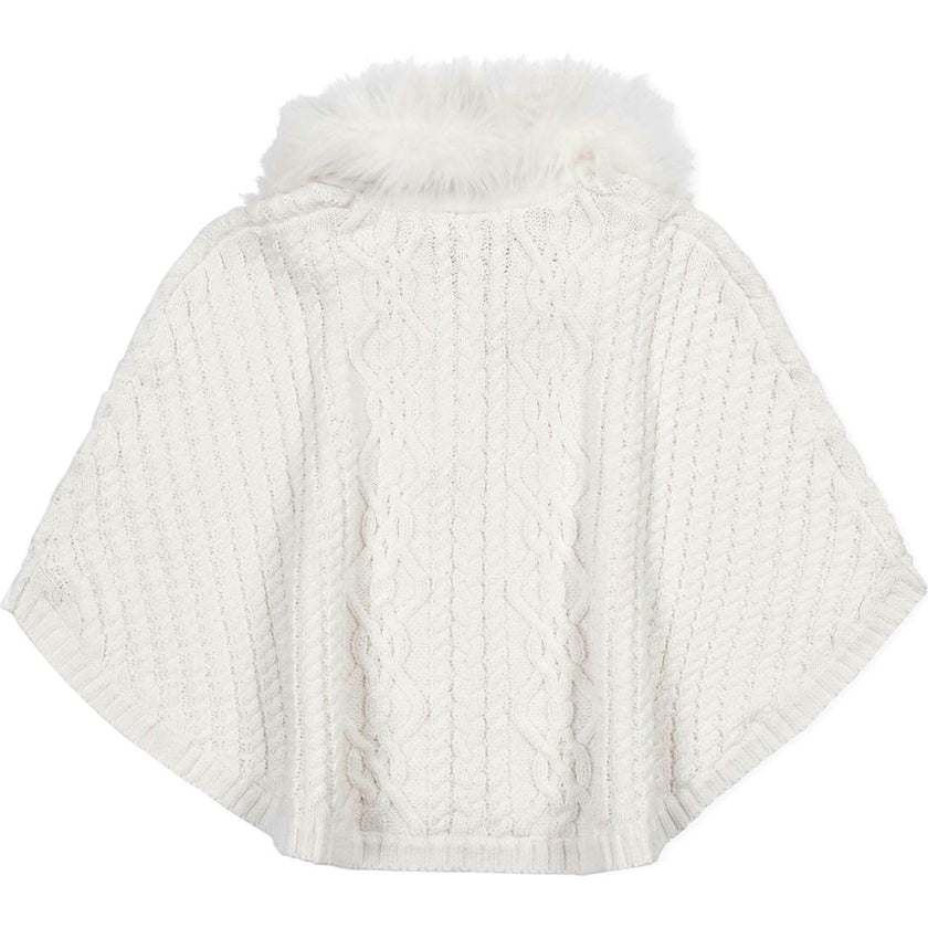 Organic Cable Sweater Cape with Faux Fur, White