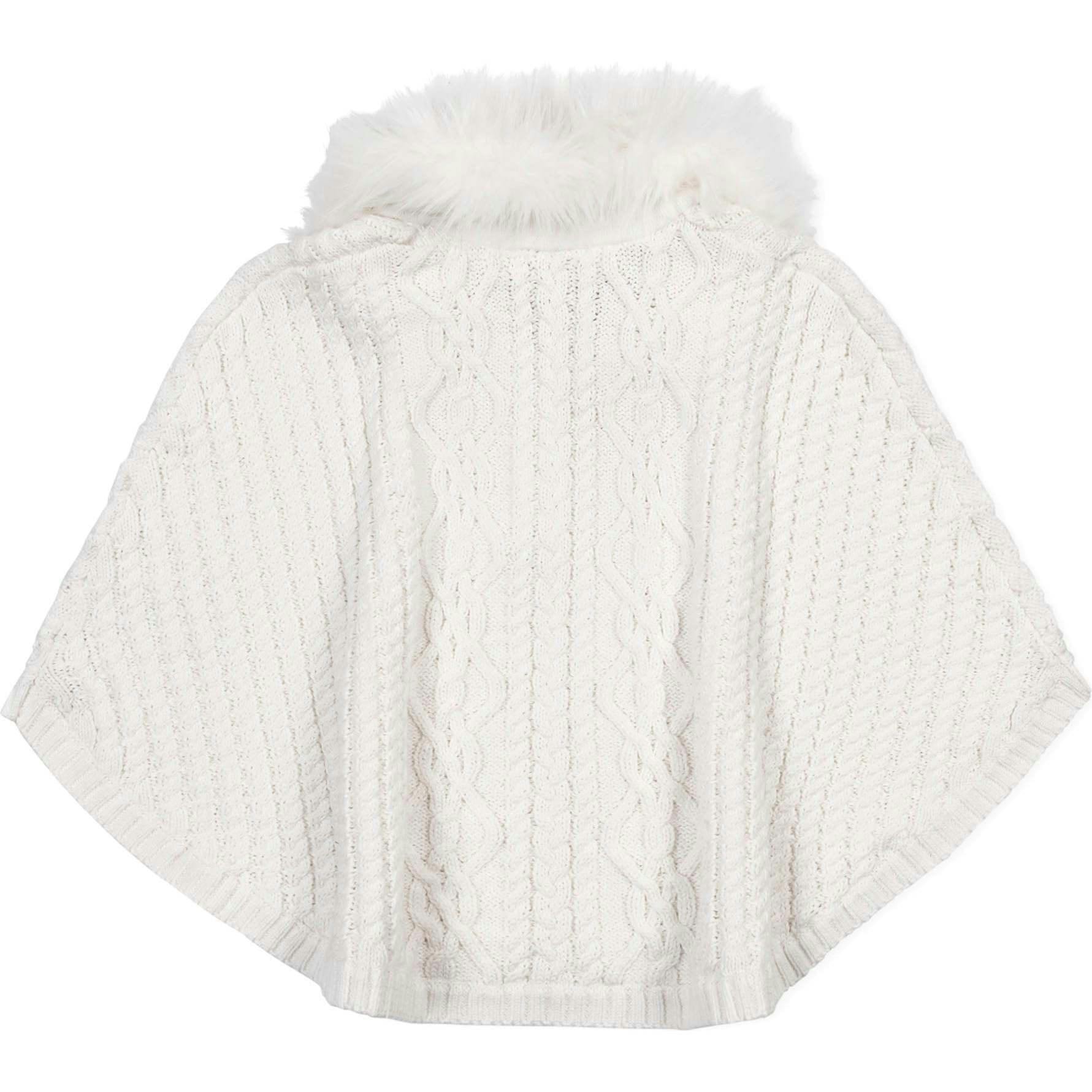 Organic Cable Sweater Cape with Faux Fur, White