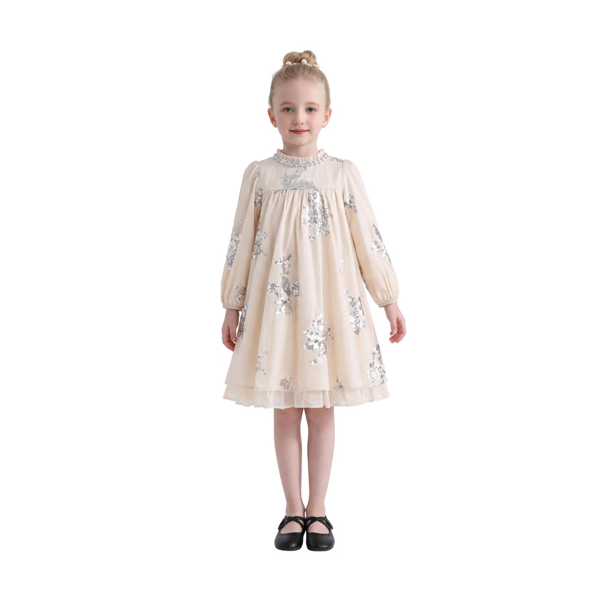Cream Silver Floral Appliqué Dress