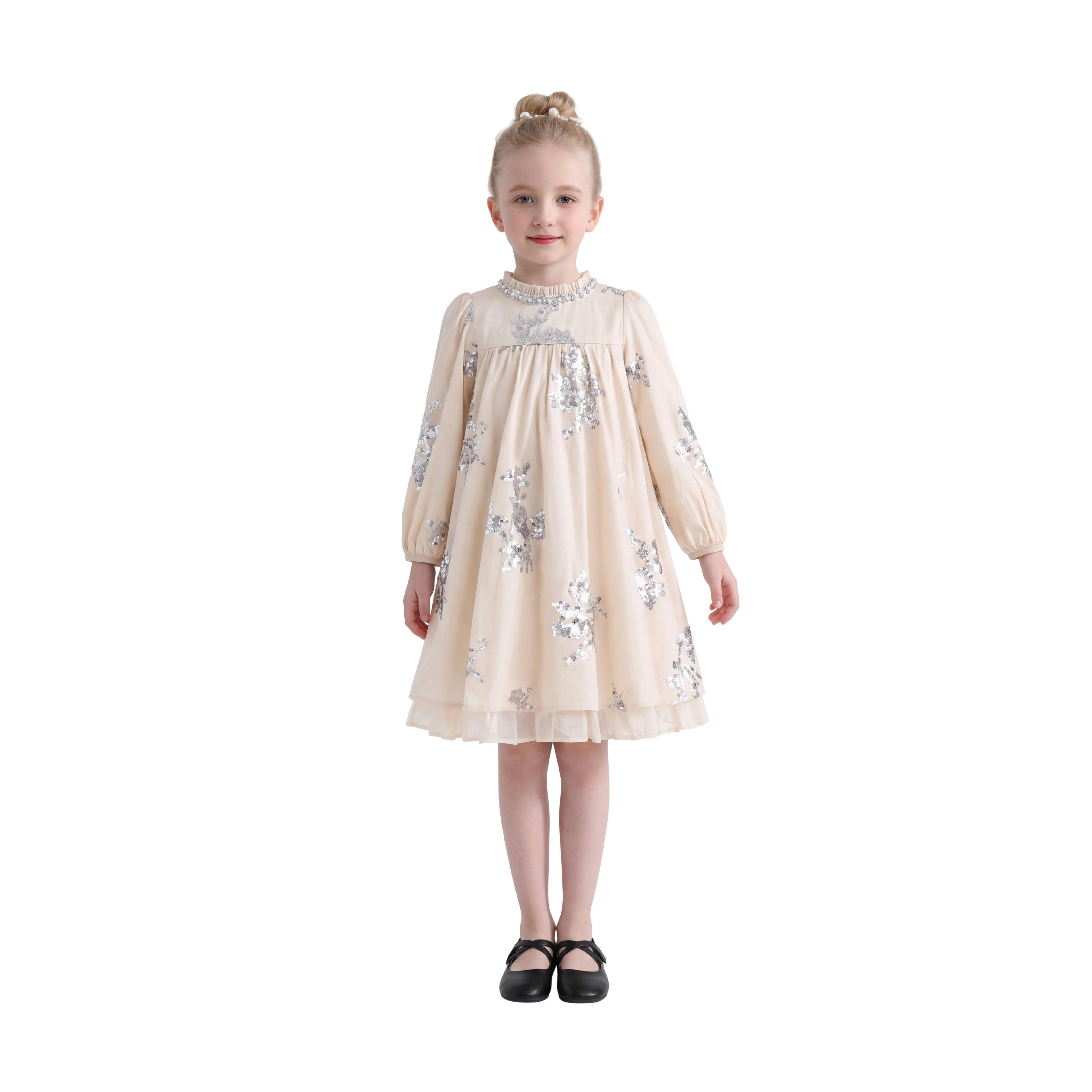 Cream Silver Floral Appliqué Dress