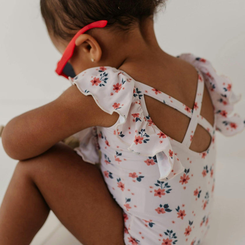 Girl's Ruffle Sleeve Cross Back Swimsuit
