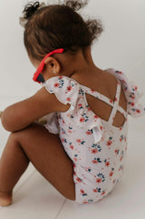 Girl's Ruffle Sleeve Cross Back Swimsuit