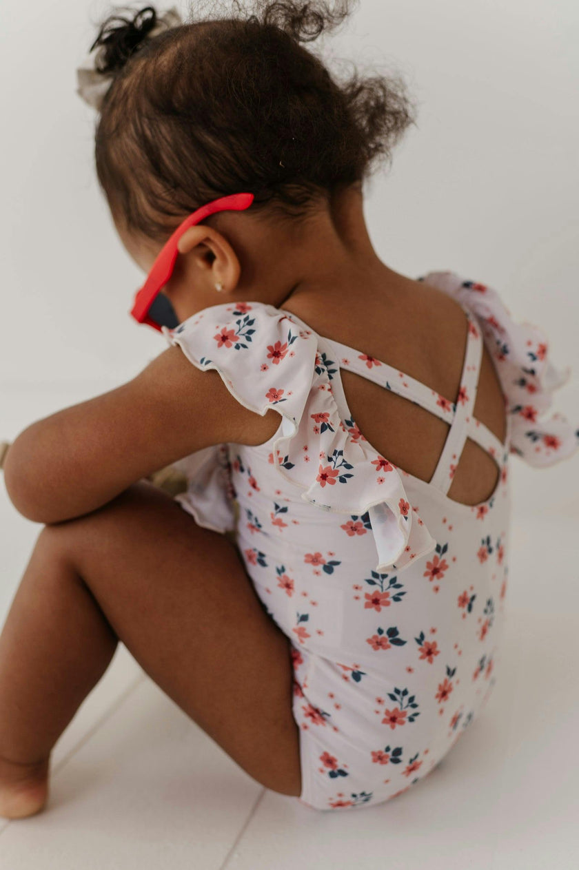 Girl's Ruffle Sleeve Cross Back Swimsuit