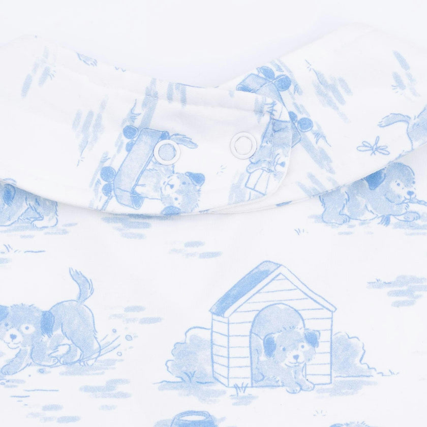 Puppy Toile Blue -  2 Way Zipper Footie, Swaddle  & Bandana Bib Set
