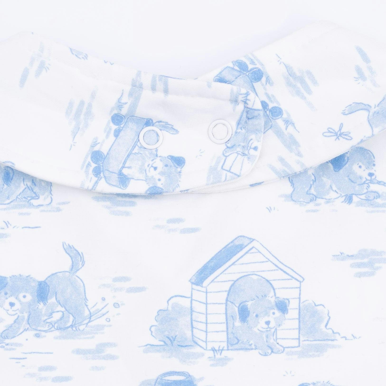 Puppy Toile Blue -  2 Way Zipper Footie, Swaddle  & Bandana Bib Set