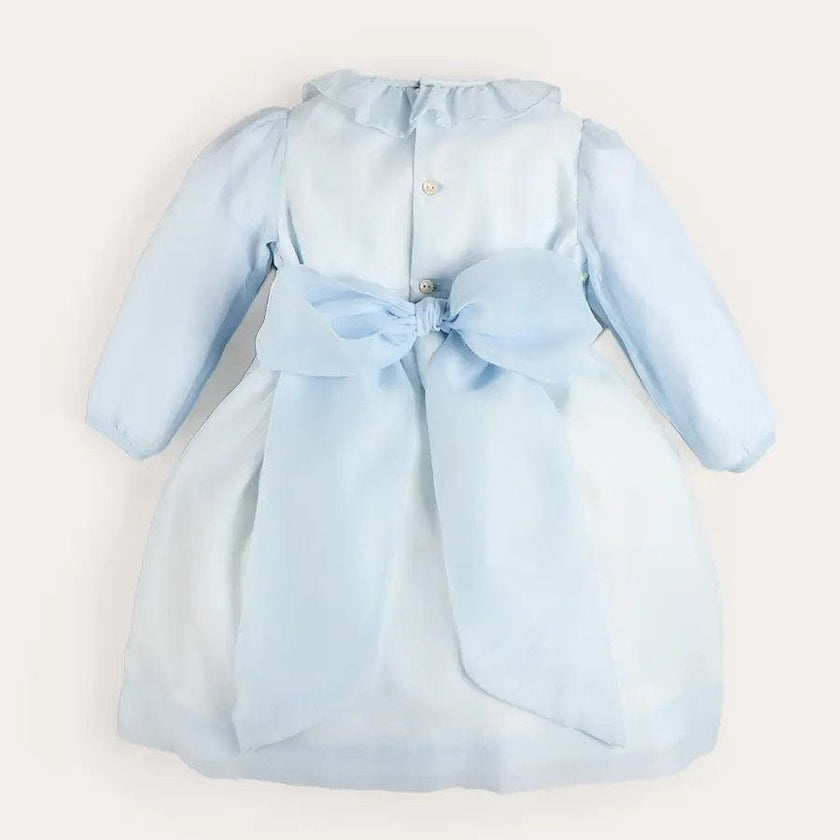 Daisy Embroidered Hand Smocked Long Sleeve Dress in Blue (18mths-8yrs)