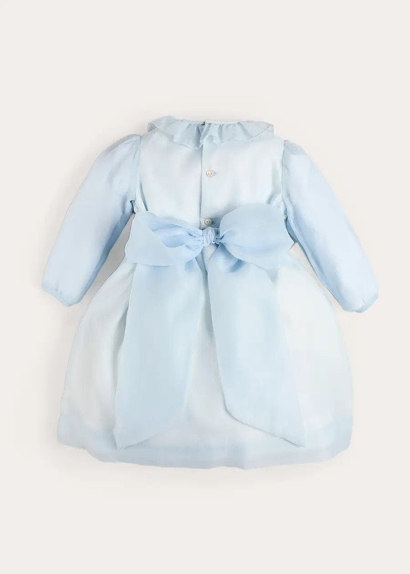 Daisy Embroidered Hand Smocked Long Sleeve Dress in Blue (18mths-8yrs)