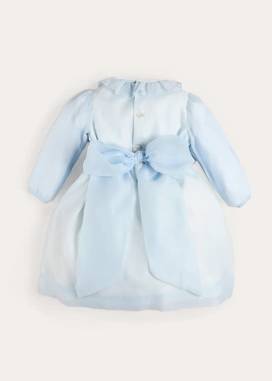 Daisy Embroidered Hand Smocked Long Sleeve Dress in Blue (18mths-8yrs)