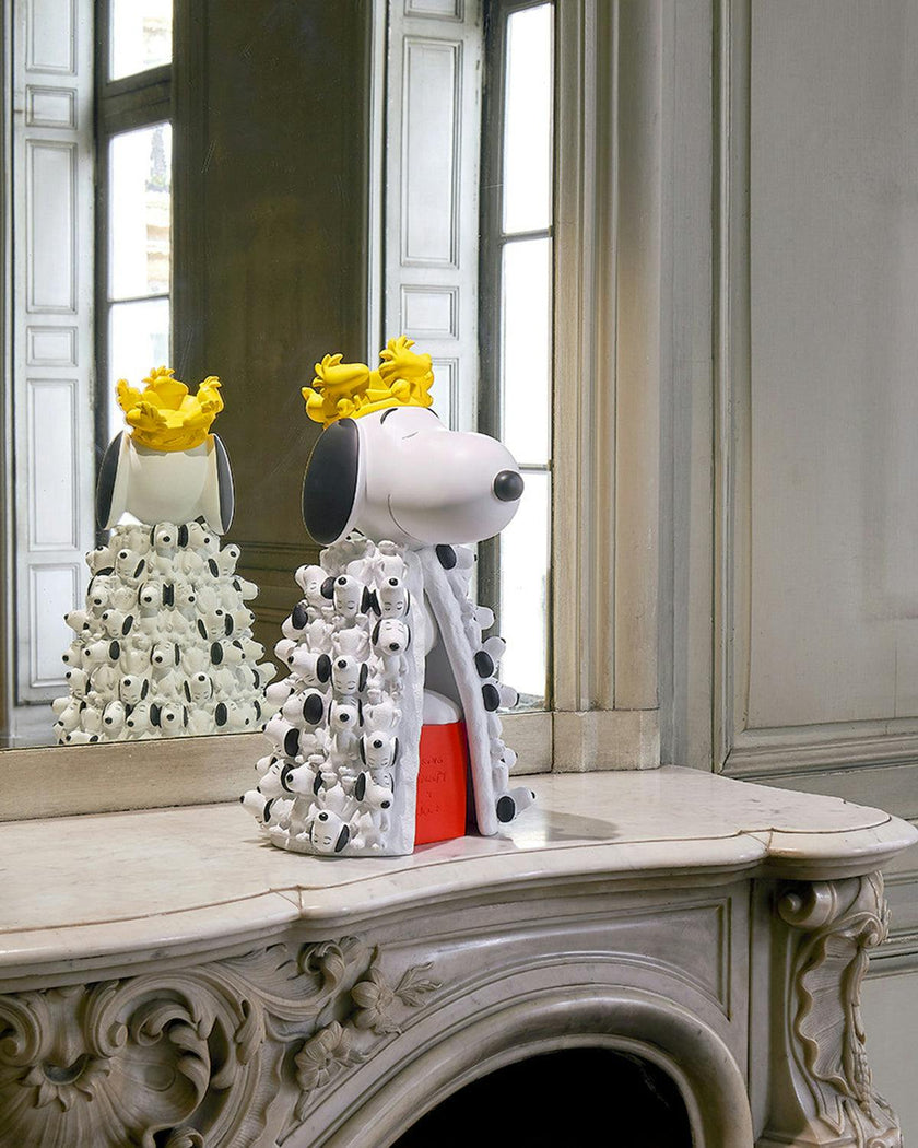 Snoopy KING with Mini Snoopies on Cape & Woodstock as Crown White & Yellow 17in