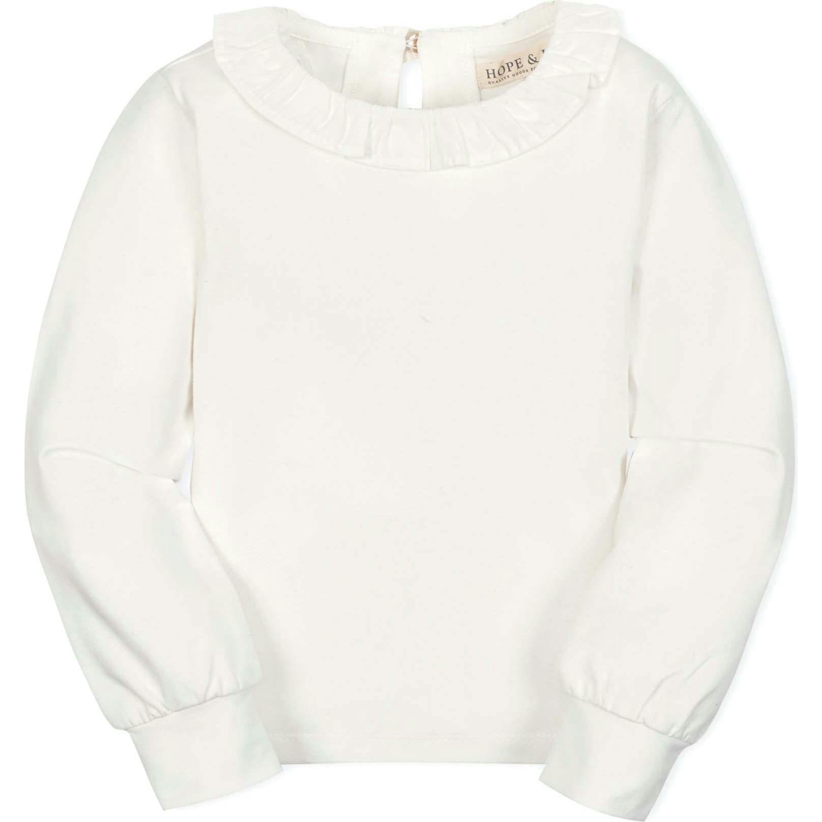 Organic Long Sleeve Ruffle Collar Knit Top, White