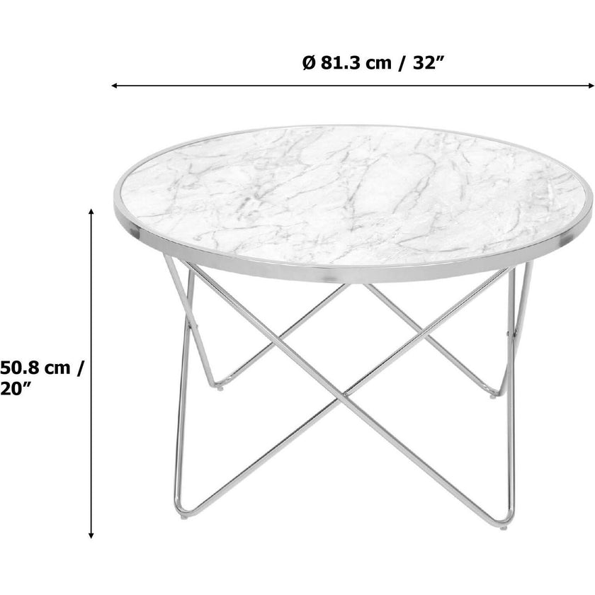 Margo Small 32 Inch Round Faux White Carrara Marble Coffee Table with Silver Metal Geometric Criss Cross Base and Legs