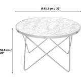 Margo Small 32 Inch Round Faux White Carrara Marble Coffee Table with Silver Metal Geometric Criss Cross Base and Legs