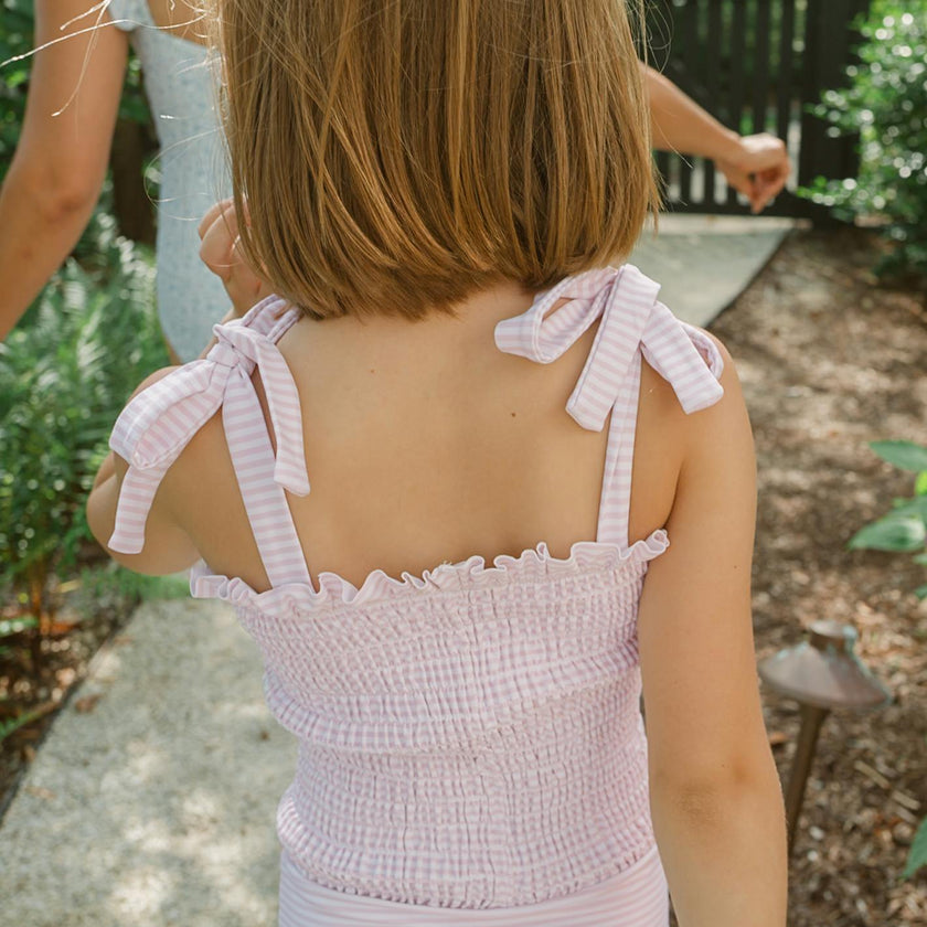 girls pink stripe tie smocked one piece