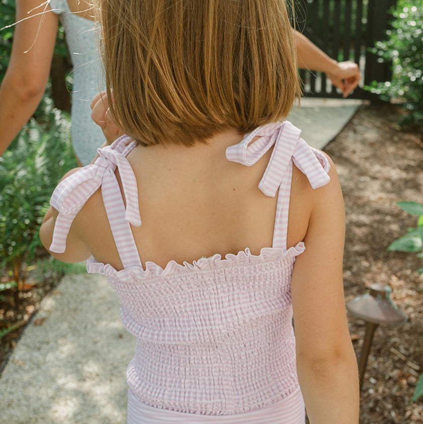 girls pink stripe tie smocked one piece