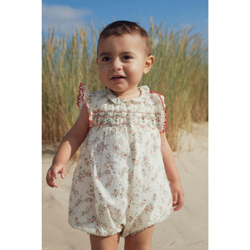 Romper AGATA Hand-Smocked Plumetis Roses Bouquet, Florals