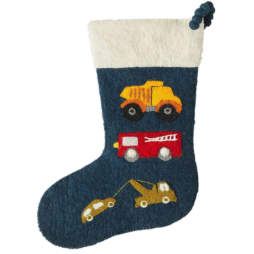 Trucks Navy Christmas Stocking Hand Felted Wool Arcadia Home