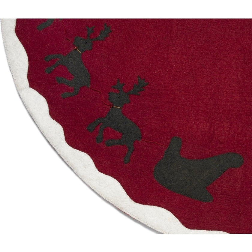 Handmade Felt Sleigh and Reindeer Red Christmas Tree Skirt 60"