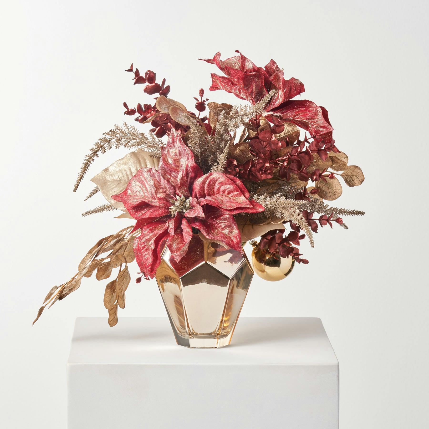 24 Karat Christmas - Gold Dust Poinsettia & Gold Ornament Ball Arrangement in Diamond Vase Holiday Centerpiece