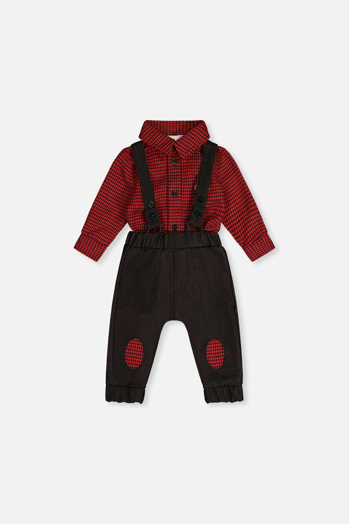 Baby Top & Pants Set Black And Red Houndstooth