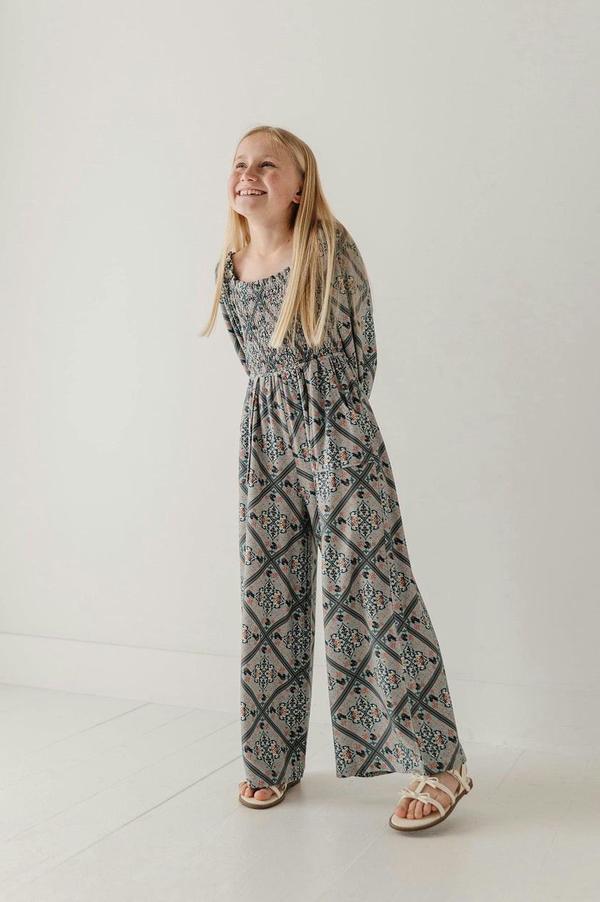 Girls Smocking Knit Jumpsuit in Landon Ethnic Diamond