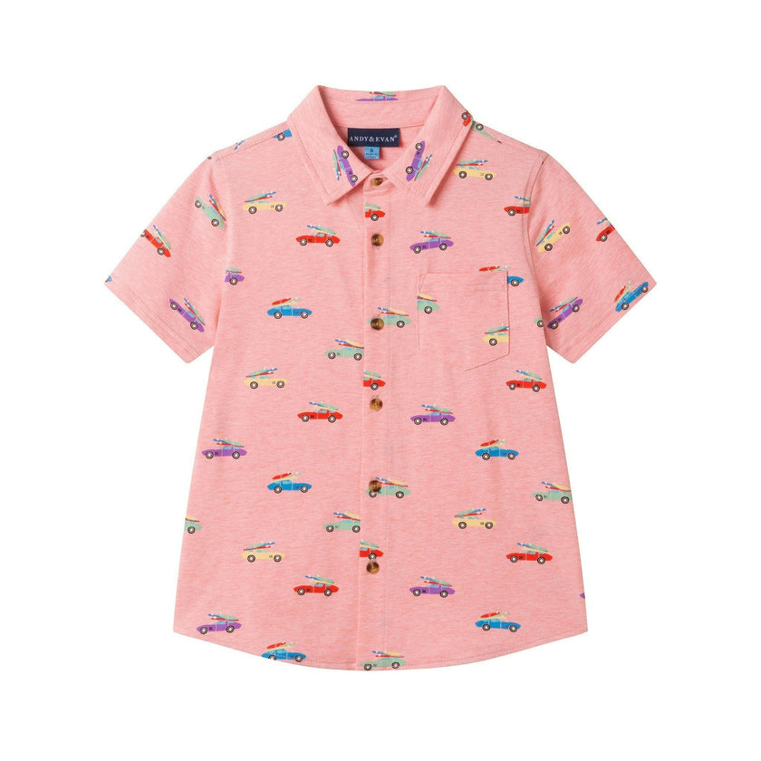Boys Blue Printed Knit Buttondown | Orange Cars