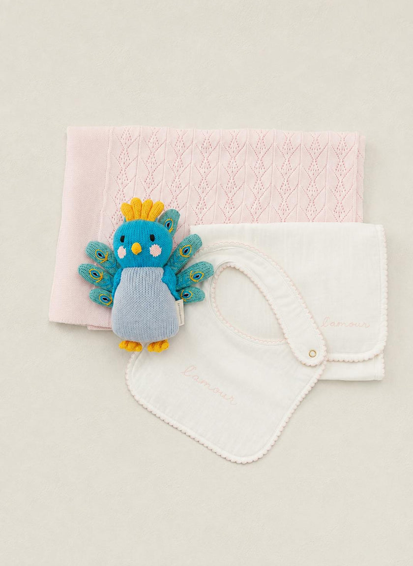 Baby gift set wonder blanket and Love Language  bib and burp cloth with Peacock Tuckling