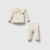 Cream Embroidered Collar Knit Cardigan & Pant Set