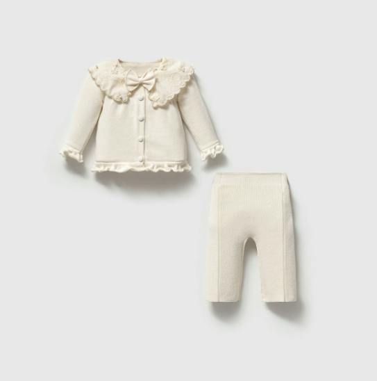 Cream Embroidered Collar Knit Cardigan & Pant Set