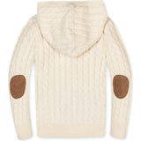 Organic Long Sleeve Full Zip Hooded Sweater with Elbow Patches, White