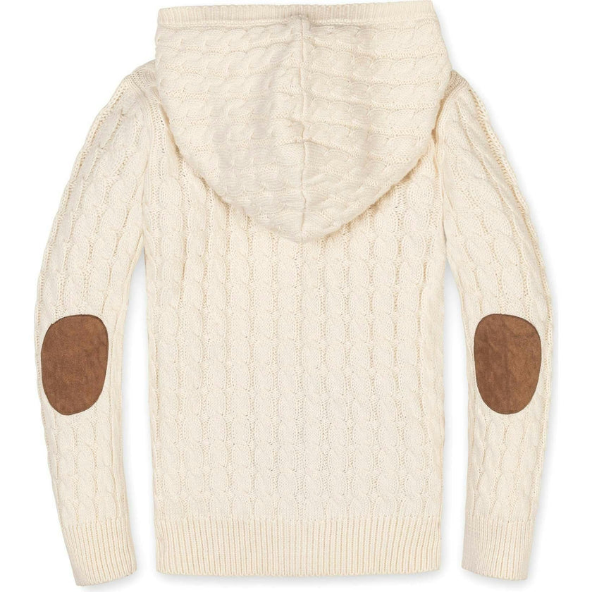 Organic Long Sleeve Full Zip Hooded Sweater with Elbow Patches, White