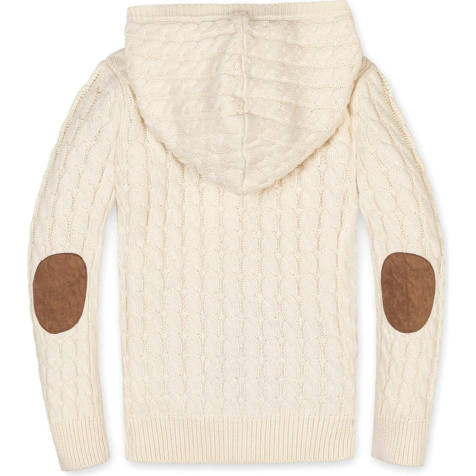 Organic Long Sleeve Full Zip Hooded Sweater with Elbow Patches, White