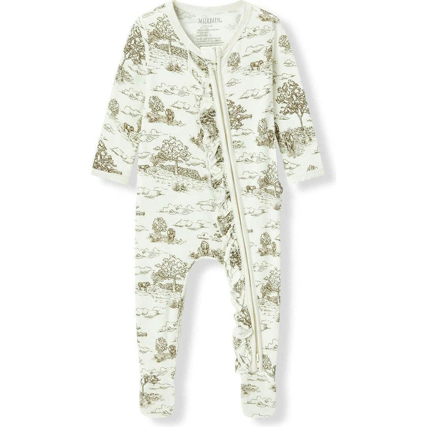 Country Toile Luxe Stretch Ruffle Footed Romper