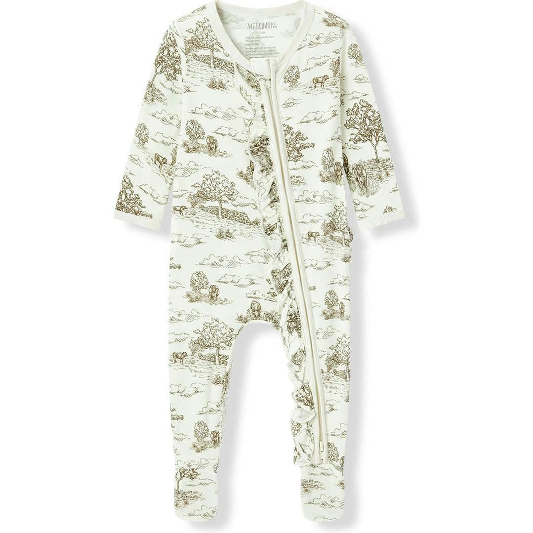 Country Toile Luxe Stretch Ruffle Footed Romper