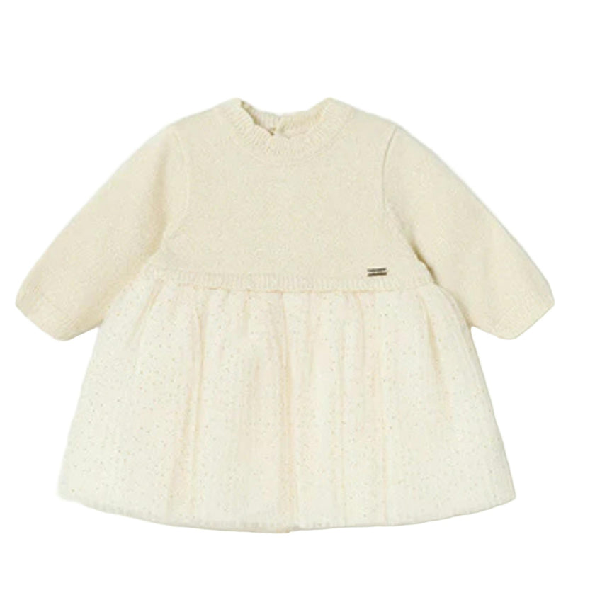 Champagne Pleated Knit Tulle Dress